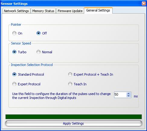 The select the menu SensorSettings; the Sensor Settings window will be opened. Select the General Settings Tab.