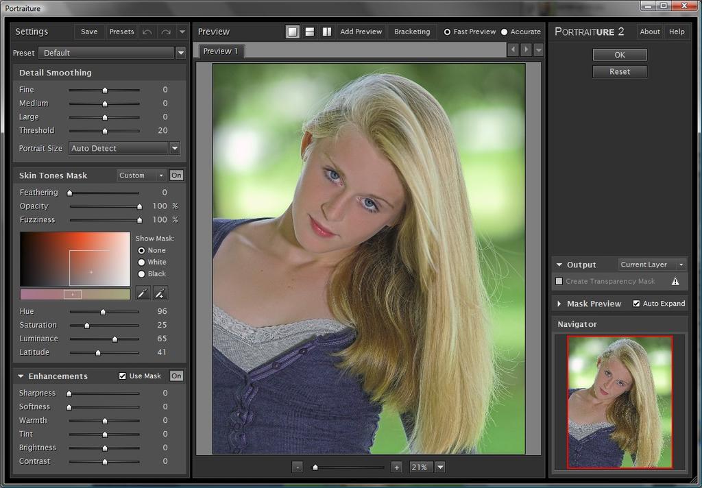 USING DEFAULT PRESET When you start Portraiture Plug-in for the first time, the filter is set to the "Default" setting.