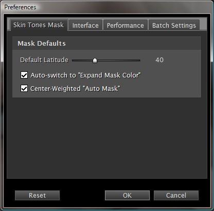 Advanced Use PREFERENCES The Preferences window is accessible from the About window by clicking on the Preferences button. There are three sections - Skin Tones Mask, Interface and Performance.