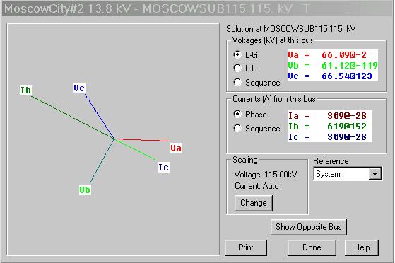 SYMMETRICAL COMPONENTS Figure. 5 kv phase voltages and currents for a.8 kv line-to-line bus fault on phases B & C at Moscow. Note that Ib = 69 amps which is the same value as it saw for a Ø fault.