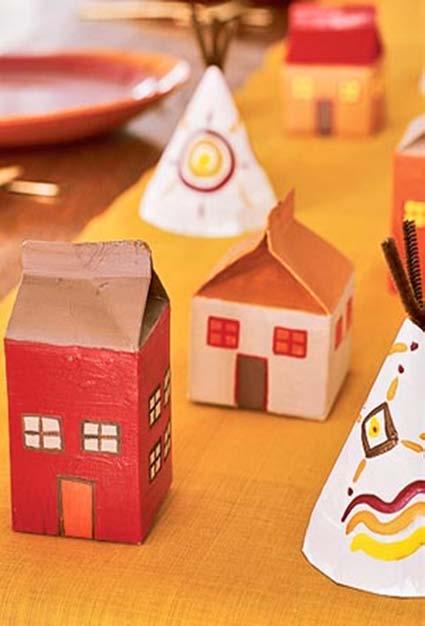 Tepees & Houses Tepees What you'll need: Dessert-size paper plates, scissors, brown chenille stems, tape, small brush, sea sponge, craft paint, craft glue How to make them: Cut paper plate in half.