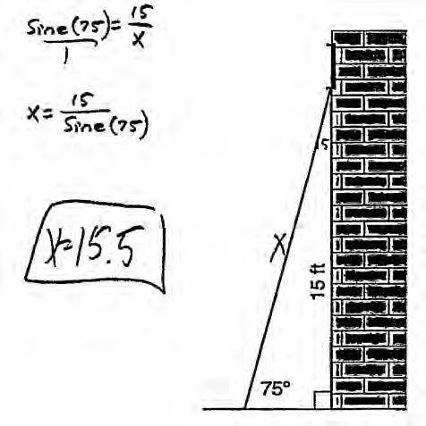 Question 31 31 In the diagram below, a window of a house is 15 feet above the ground. A ladder is placed against the house with its base at an angle of 75 with the ground.
