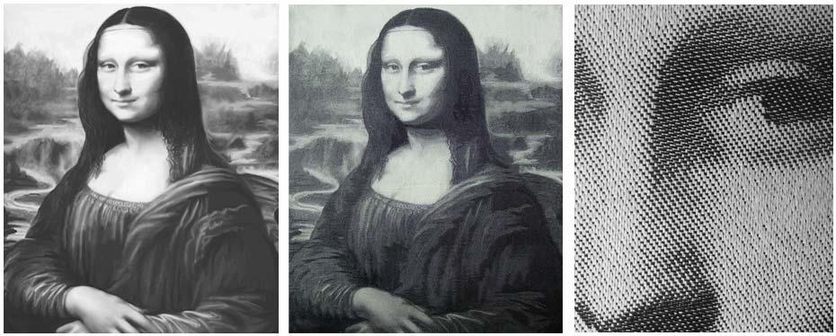 Fig. 7. Effects of digital colorless image (left), real fabric (middle) and its details (right) 4.