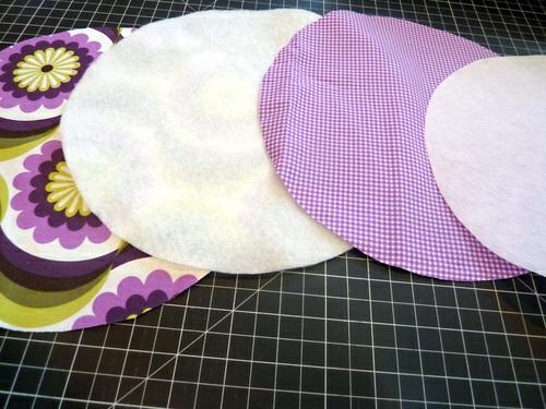 From the fusible fleece, cut the following: ONE 25¼" x 10" rectangle for the main body of the bin ONE 5" x 10" rectangle for the front appliqué insert Using the pattern, cut ONE circle for the base 8.