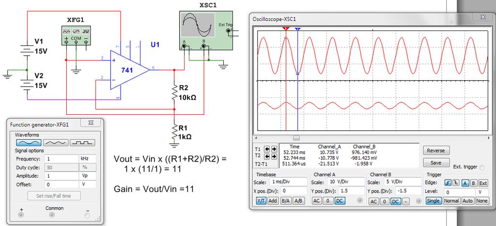 Non-Inverting Amplifier, Gain of 11 VV oooooo = VV iiii RR 1 + RR 2 RR 1 = 2 10 + 1 1 = 22 VV