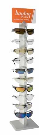 Vertical locking display Holds 10 pairs of safety glasses Designed to fit most countertops Metal construction Measures 5.5"W x 6.