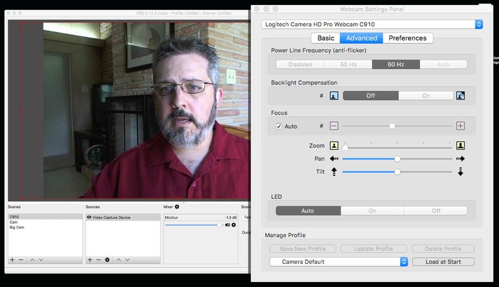 Webcam Settings Panel works on Mac and allows you to adjust settings on any USB camera connected. Including the built in FaceTime camera.