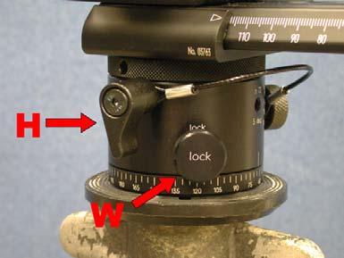 Before placing the pano head lock the rotation barrel with the locking knob W, and be shure the platform lever H is locked (Fig.3). This will make it easier to screw. Figure 3.