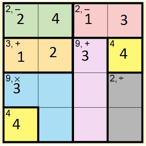 Now your KenKen puzzle looks like this: Step 5: That first column and second row have one block each missing!