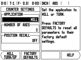 Counter Settings The Counter Settings feature is the parameter where the operator defines the user application for the readout. The choices are for milling or turning applications.