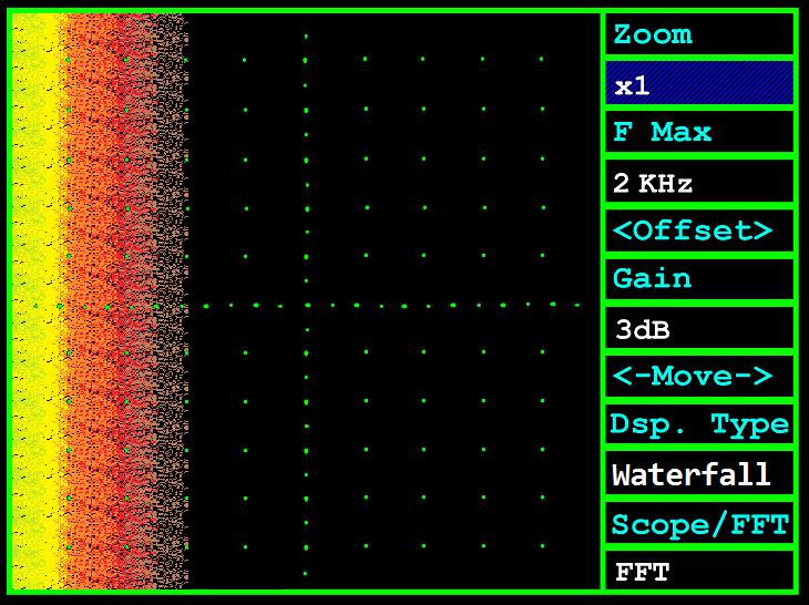 Figure 18: Waterfall display of the Sallen-Key filter output. The above waterfall display clearly shows where the filter is active. The brighter the color, the greater the amplitude.