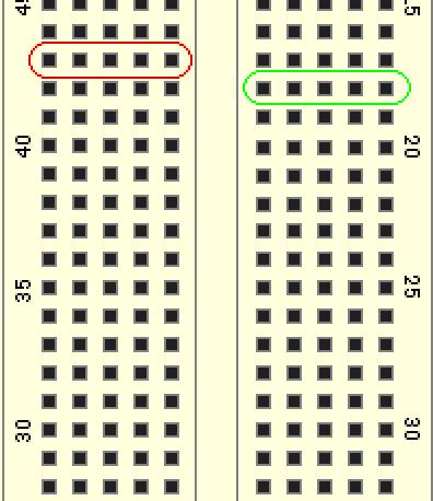 The gap that runs down the middle is just the right width to place integrated circuits. The breadboard has rows of five holes on either side of the gap in the middle.
