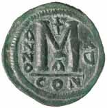 76 g), obv. Justin and Sophia seated facing, rev. M, cross above, year and mintmark NIKO, Officinae A and date, year 6 = 570-1, (S.369, D.O. 96a); Leo III, (A.D. 717-741), large flan follis, Constantinople mint, (5.