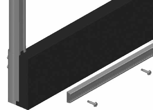 After attaching the poly latch U-channel to the tops of the end rafters, use Tek screws to attach the U-channel to the baseboard as shown. (See dashed line below.