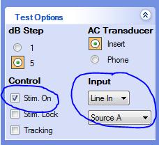 In the Test Options section of the control panel,set input to Line In Source A. Activate "Stim.