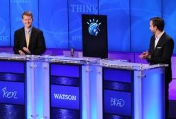 Watson IBM's Watson" computer beats champions Ken Jennings and Brad Rutter in a 2-game match on Jeopardy! in 2011. Watson parsed clues into different keywords and fragments.