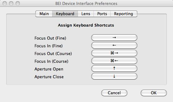 3.6.2 Mac Preferences Keyboard Assignments The keyboard preferences tab is used to set the keyboard shortcuts for focus and aperture control.