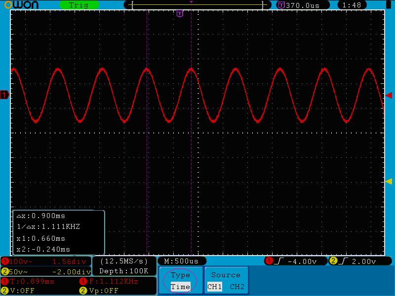 Fig.5-53 Waveform of Cursor Measurement The Cursor Measurement for FFT model: Press the Cursor button to display the cursor measurement function menu (CURS MEAS) in the screen, which includes Vamp