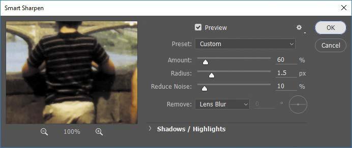 6 Make sure Lens Blur is chosen in the Remove menu. You can choose to remove Lens Blur, Gaussian Blur, or Motion Blur in the Smart Sharpen dialog box.