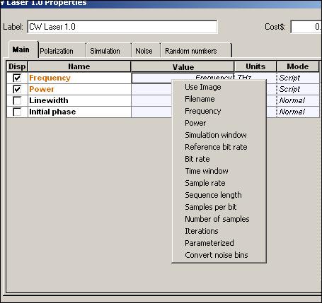 Figure 34 -Using script parameters You can also select the parameter value and right click on it, the pop up menu will show the global parameters available for the subsystem.