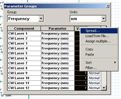 Next in the Group drop-down list select Frequency, in the Units drop-down list select nm Right-click on Value and select Spread from the context menu.