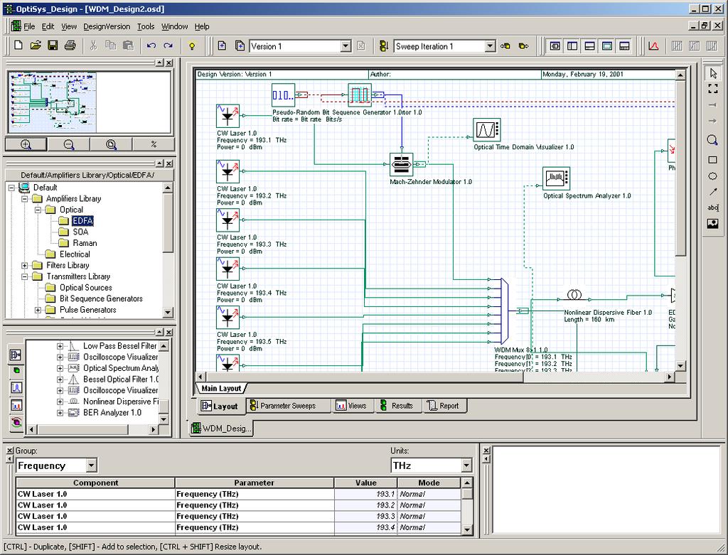 Interface Overview The main parts of the OptiSys_Design interface consist of the Layout Editor, Project Browser and the Component Library.