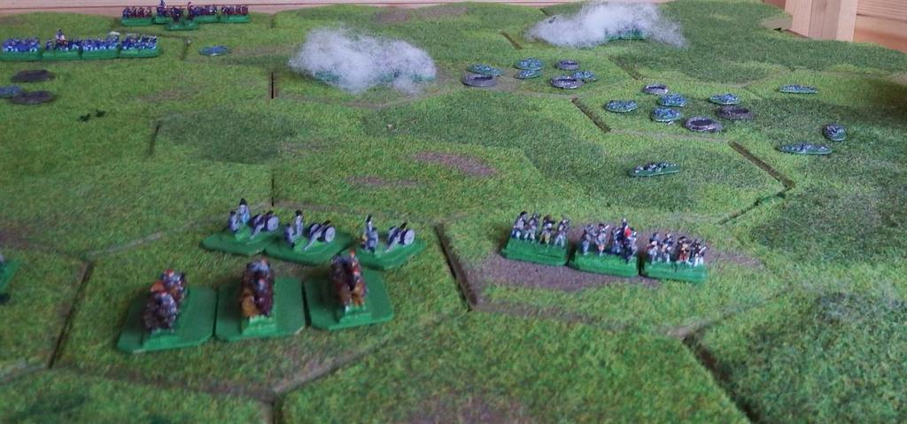 I,S for 2 hits, eliminating the rightmost Confederate Brigade for 1 VP. Second unit at 2 hexes, 3 dice. A,S,F for one hit and one retreat.