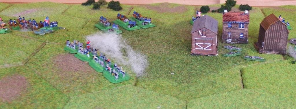 I,I,I,S,S,F = 3 Infantry units and one unit of choice. The cavalry attacked the lone Confederate General Stuart on their right flank. 3 dice rolled I,A,S so the General was killed.