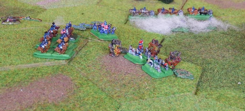 The Cavalry attacked with 3 dice rolling I,I,A. The Confederate unit was eliminated. With this the Union side won the battle.