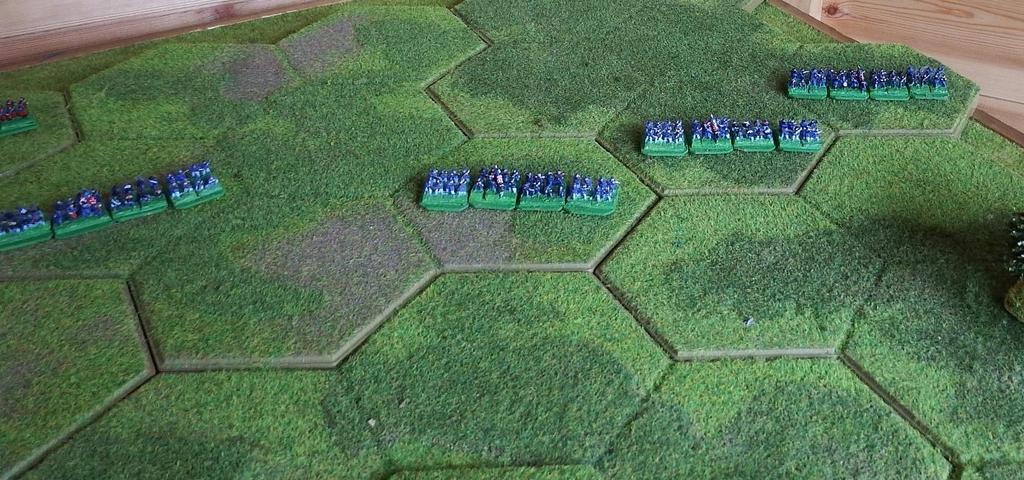 Three infantry units advanced in echelon on the Union left. Confederate turn 2 Assault Center.