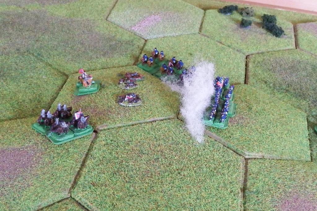 Confederate turn 5 Coordinated Advance. This allows activation of two units in each sector. The remaining cavalry unit moved to join General Stuart and attack the Union right flank infantry.