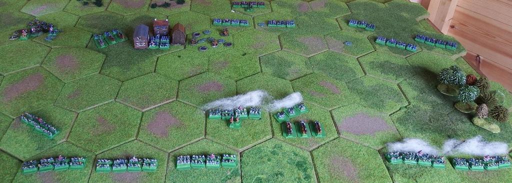 An overview of the battlefield after this action. Union turn 6 Attack - Left Flank. Three infantry units advanced on the left flank and fired At the Confederate infantry and artillery.