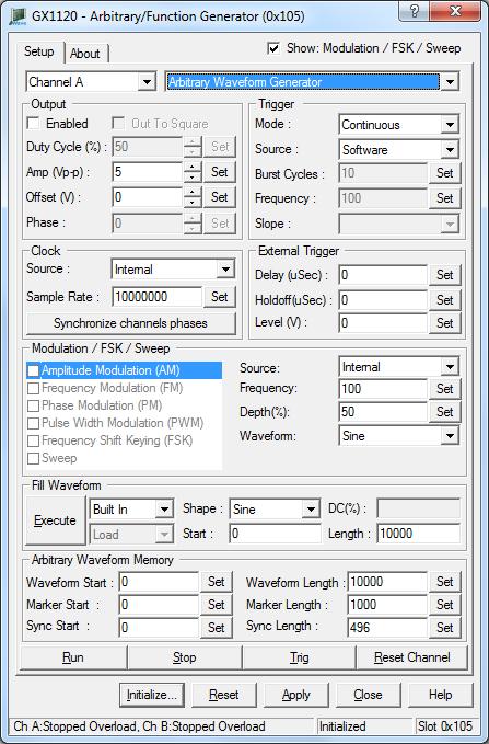 Overview 31 Virtual Panel: Setup Page in Arbitrary Waveform Generator Mode After the board is initialized, the panel is enabled and will display the current setting of the board.