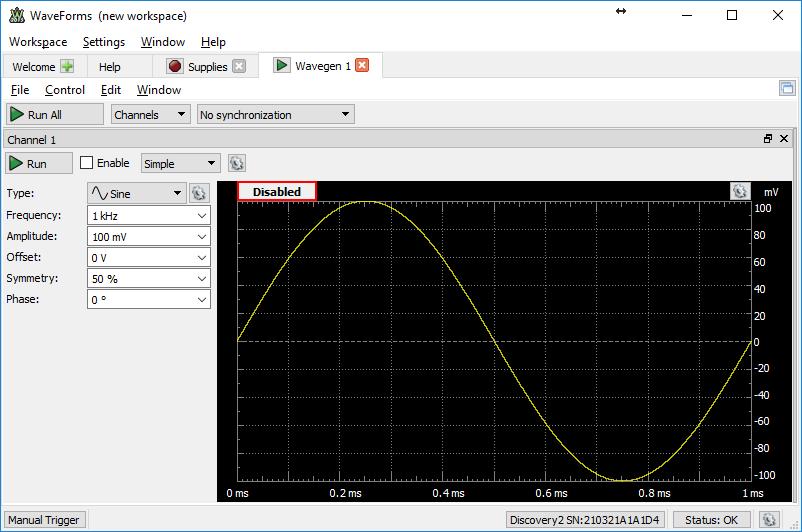Set "Vin" to be a 100 mv 1 khz sine wave using the "WaveGen" tool as shown in Figure 6-3 and turn on by pressing "Run".