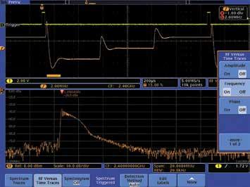 For example, you can trigger on a RF pulse of a specific length or use the spectrum analyzer channel as an input to a logic trigger, enabling the MDO4000B to trigger only when the RF is on while