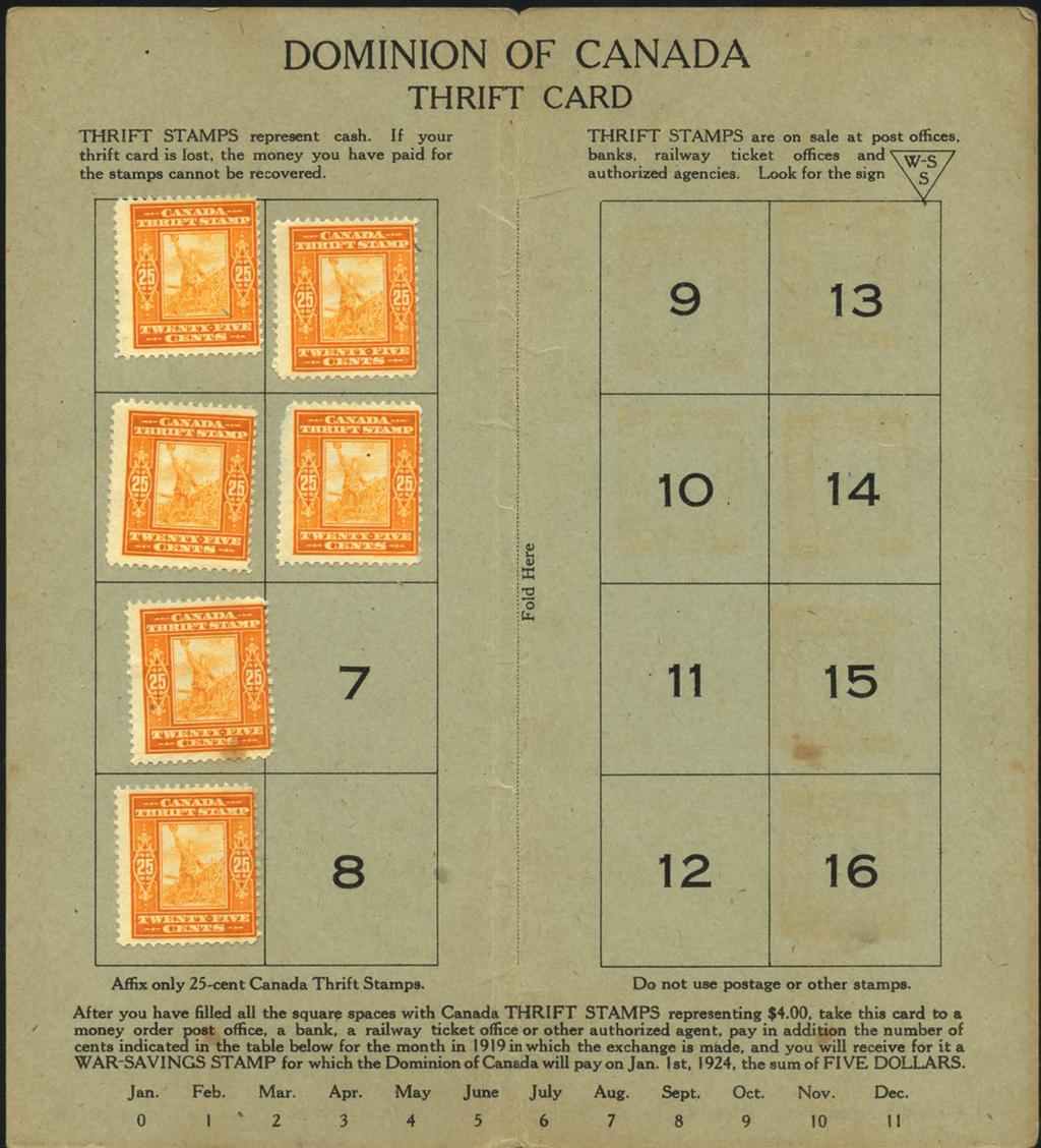 1918 THRIFT CARD 6 copies of FWS1 affixed. 1 has small perf fault at upper left. Just the stamps catalog $420 + the value of the scarce card. These savings cards are now rarely seen.