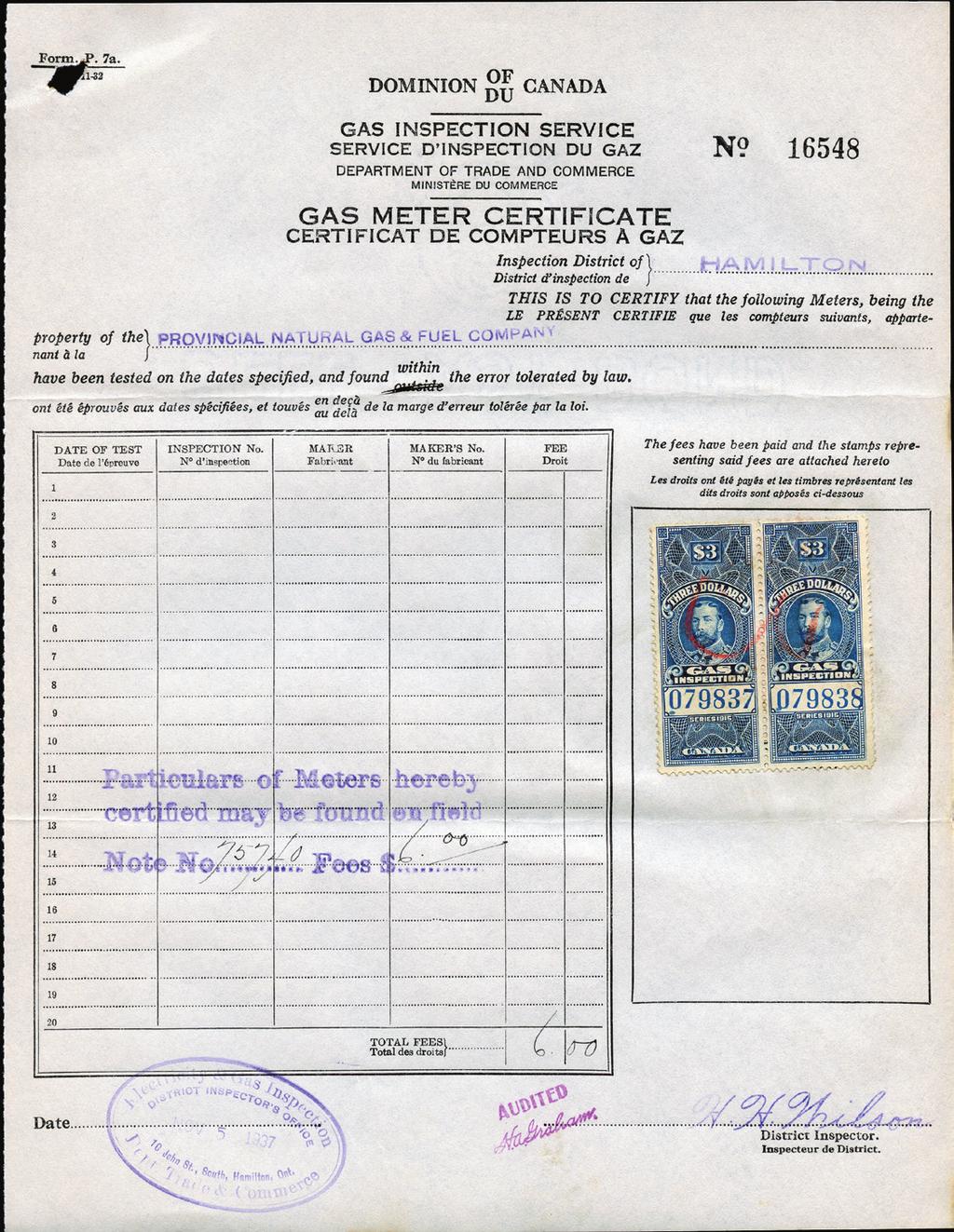 1930 s Dominion of Canada Gas Inspection Service Gas Meter certificate used at Hamilton, Ontario.