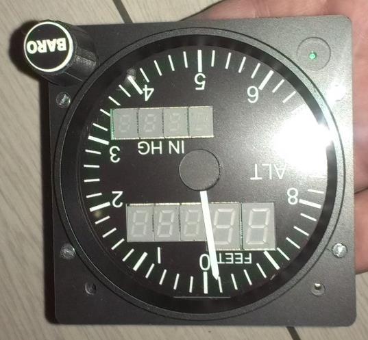 This gauge features only one stepper motor which drives the altimeters analogue needle, two LED displays and one rotator switch for controlling the Baro setup.