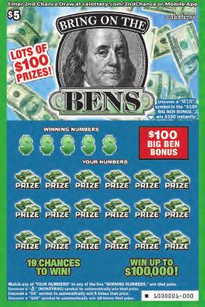 $ 5 GAME #1282 BRING ON THE BENS NOVEMBER 2017 WIN UP TO 0,000! 19 CHANCES TO WIN! 0 BIG BEN BONUS! PRIZE PAYOUT 68% After game start, some prizes, including top prizes, may have been claimed.