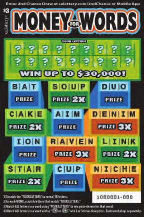 NOVEMBER 2017 MONEY FOR WORDS $ 3 GAME #1281 WIN UP TO 0,000! HOW TO PLAY 1. Scratch the YOUR LETTERS to reveal 18 letters. 2. In each WORD, scratch letters that match YOUR LETTERS. 3. Match ALL letters in a word using YOUR LETTERS to win prize shown for that word.