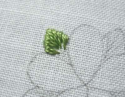 Using one strand of 471 (medium green), split stitch around the outside of the leaf.