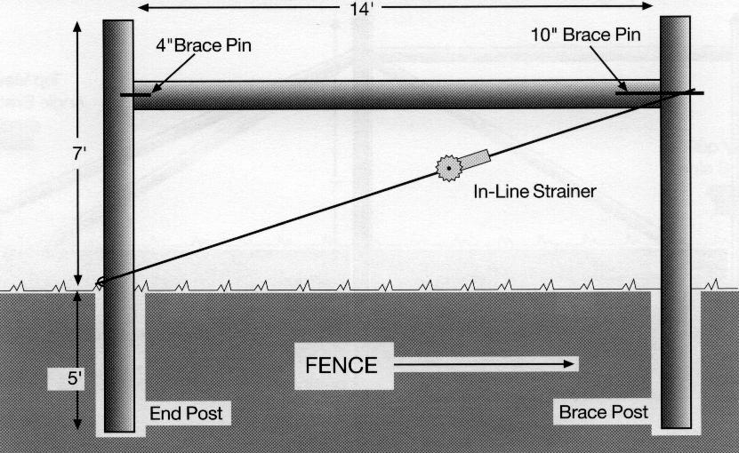 BRACE ASSEMBLY: 6' FIXED-KNOT FENCE Brace Posts...12'x 6".40 CCA Treated Pine Cross Members...14'x 5".40 CCA Treated Pine 14'x 21/2" Schedule 40 Pipe Brace Pins...112" x 4" Galvanized Pin.
