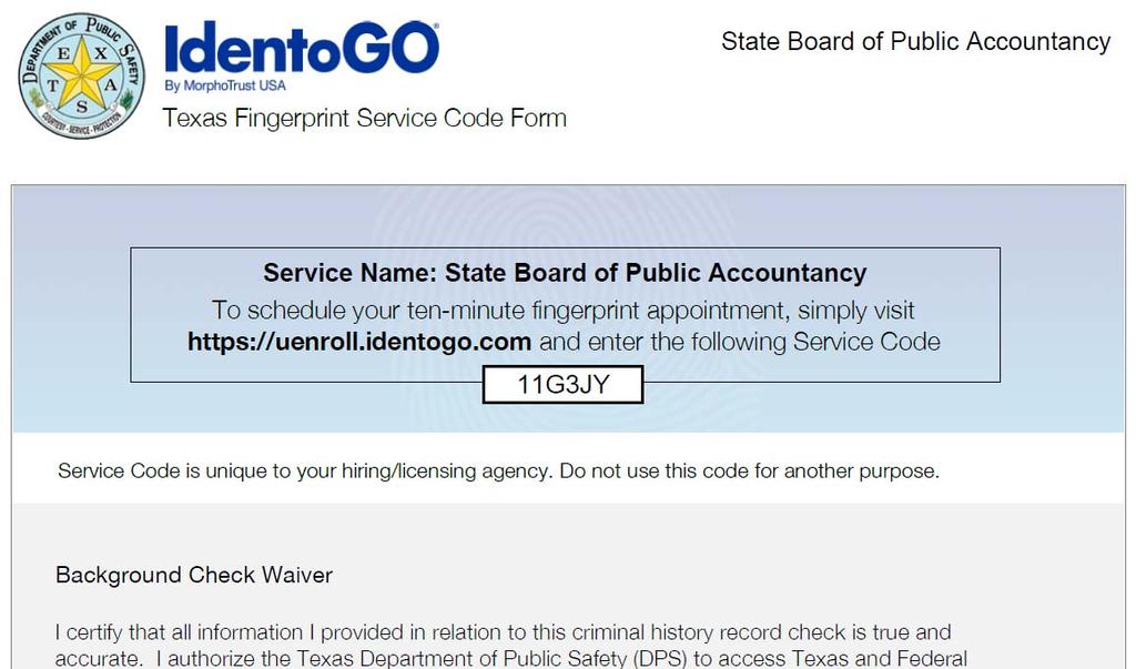After clicking In State Applicant, the following screens appear. First, a pdf will show. On the first page is the Texas State Board of Public Accountancy service code and background check waiver.