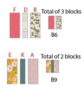 Seven (7) 4½'' x 10½ rectangles from fabrics A Three (3) 2½'' x 10½'' rectangles from fabric A, D, G Six (6) 4½'' x 10½'' rectangles from fabric B Seven (7) 4½'' x 10½'' rectangles from