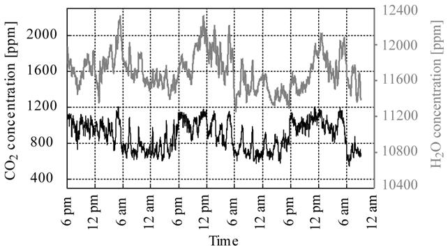 CO 2 and H 2 O concentration monitoring during three days is presented in Figure 7. CO 2 variations show a 12-hours time period, representing night and day activity.