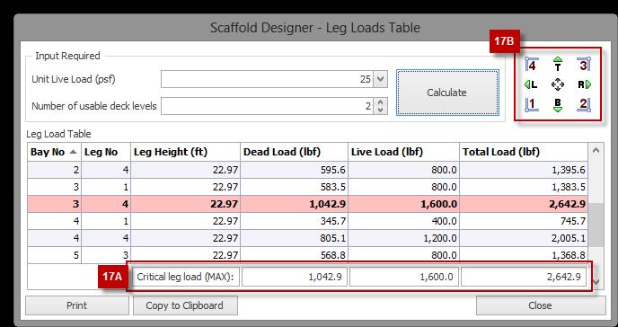 The Leg Loads Table calculates the Dead Load, Live Load, and Total Load for each leg in a scaffold drawing based upon the size, height, location, materials, braces, and other variable factors.