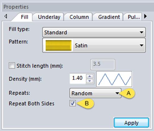 Bean Stitch Tools and Features The densities for the bean satin fill shown above are the default density settings for each repeat option.