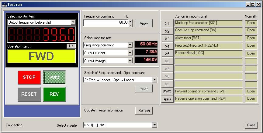 5.2.3.4 Test-running The Test-running feature allows you to test-run the motor in the forward or reverse direction while monitoring the running status of the selected inverter.