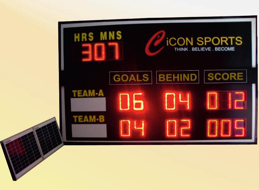 6 GASB-0014 Solar Cricket/ Aussie Rules LED Scoreboard Operating Voltage:- 100-275V A.C., 50/60 Hertz, View angle more than 120 degree, View distance 300 mtr.