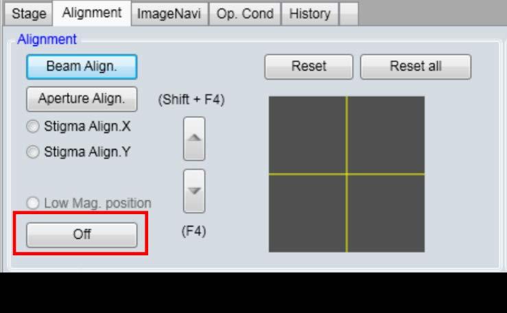 Notice: skip this step if Vacc is not changed > Click Aperture Align button below and adjust STIGMA/ALIGNMENT X /Y knobs [P-2] to minimize the wobbling motion in image > Click Stigma Align X/Y button